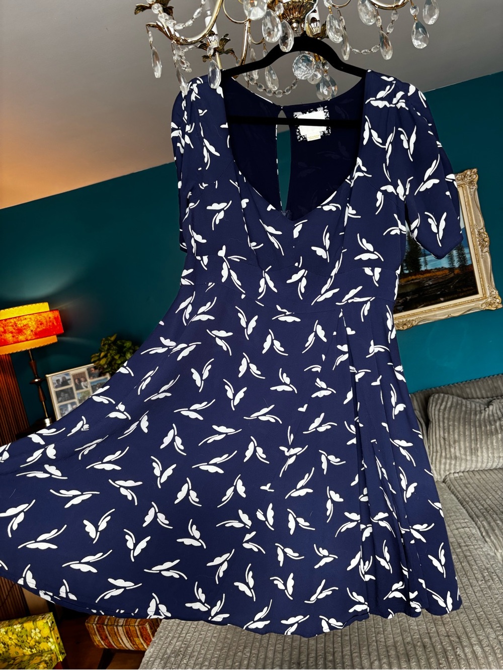 Anthropologie Navy and White Leaf-Print Midi Dress